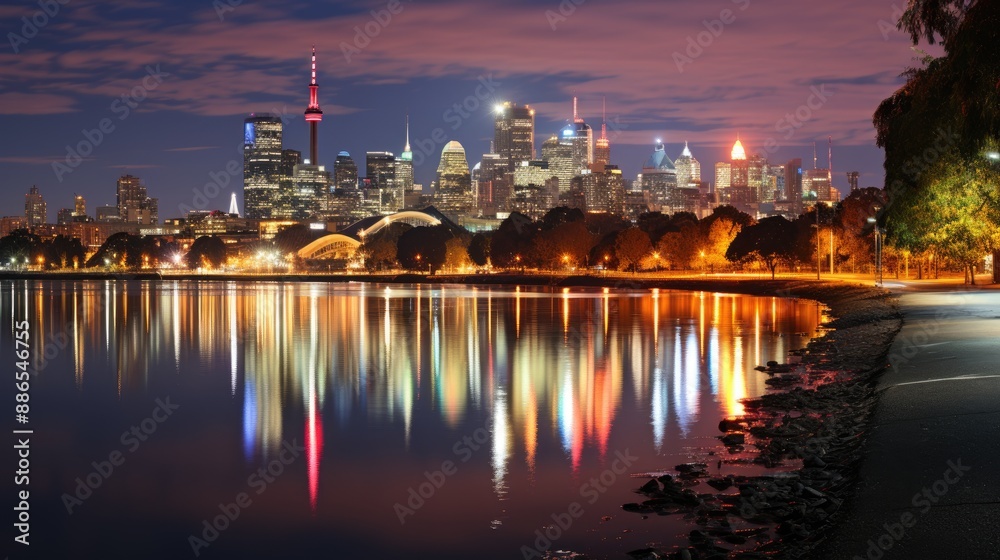 Naklejka premium Futuristic_city_skyline_illuminated_by_niHD 8K wallpaper Stock Photographic Image of diffrent connected communities 