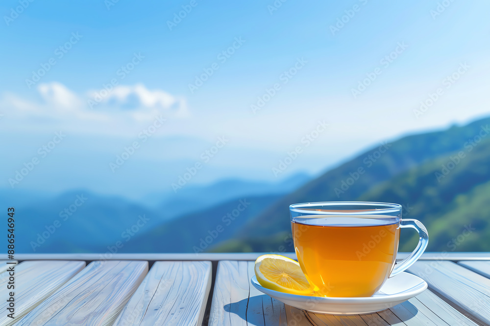 Black tea with a lemon slice on a wooden table, peaceful blue mountain view Black tea with a lemon slice on a wooden table, peaceful blue mountain view