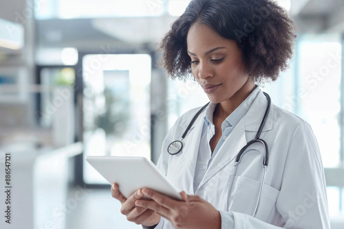 A black female doctor is looking at an ipad