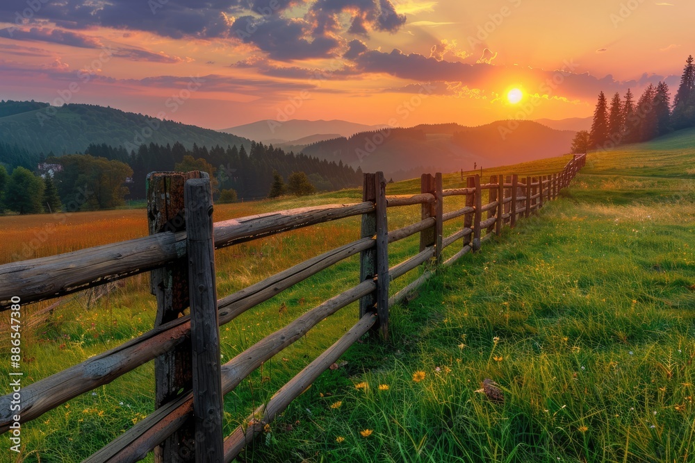 Sunset Over a Wooden Fence in the Countryside Sunset Over a Wooden Fence in the Countryside