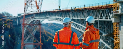 Two construction engineers in orange safety uniforms and helmets discussing a bridge project at a construction site.