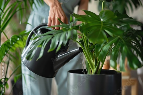 A person pours water on a healthy Monstera plant that is placed in a sleek black pot in a modern room, where sunlight gently illuminates the surrounding green foliage.