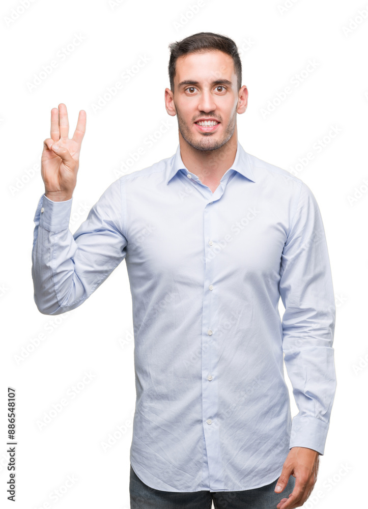 Handsome young businessman showing and pointing up with fingers number three while smiling confident and happy. Handsome young businessman showing and pointing up with fingers number three while smiling confident and happy.