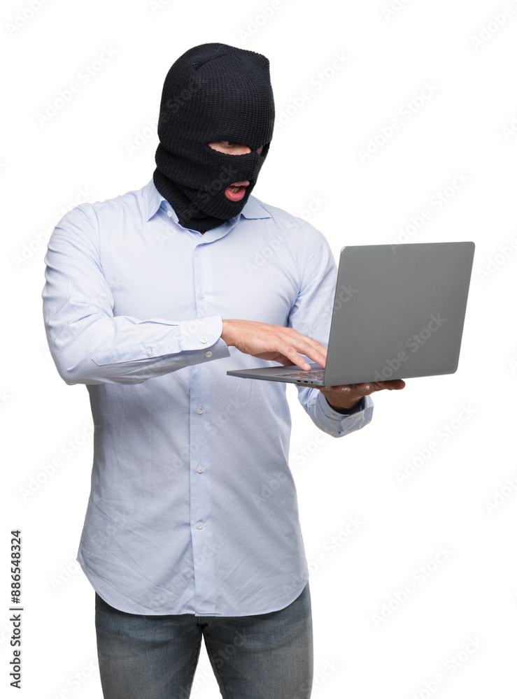 Business hacker man holding a computer laptop scared in shock with a surprise face, afraid and excited with fear expression Business hacker man holding a computer laptop scared in shock with a surprise face, afraid and excited with fear expression