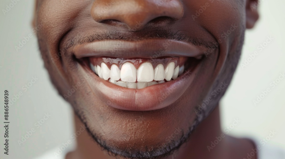 Perfect white teeth African American black man close up. Male toothy veneer smile. Dental care and stomatology Perfect white teeth African American black man close up. Male toothy veneer smile. Dental care and stomatology