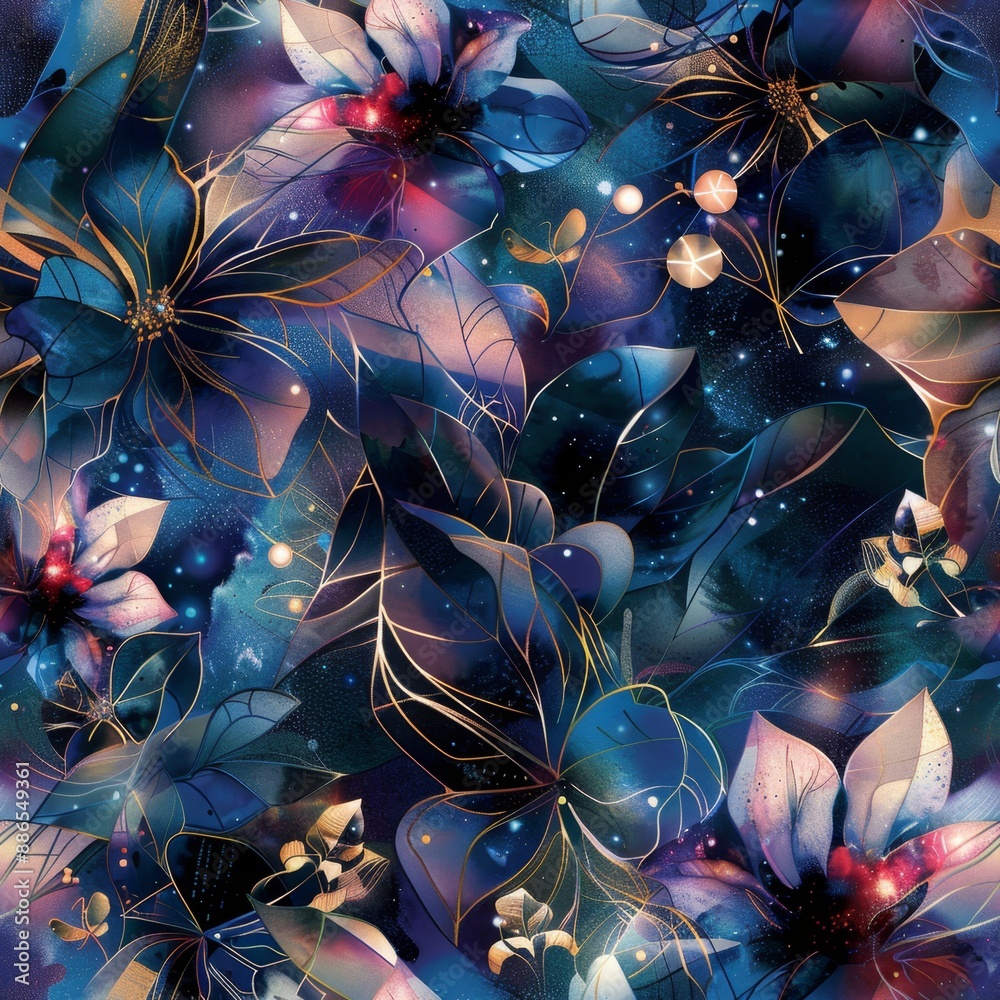 Obraz premium Mystical Midnight Floral Universe: Ethereal Cosmic Botanic Art