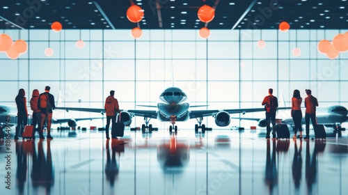 Silhouetted travelers with luggage at modern airport terminal, with airplane and geometric ceiling in the background, vibrant lighting.