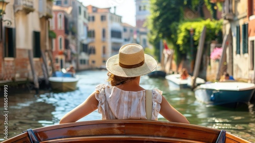 Woman Enjoying Boat Ride in Venice Canal
