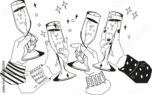 Clinking glasses, celebrating and toast sketch illustration. Hands of people raise their glasses and drink together in honor of a person or holiday, festive event.