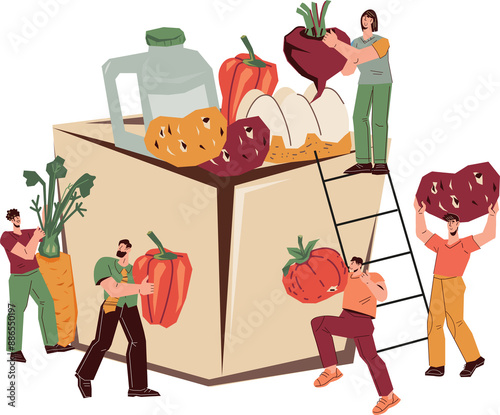 Food Drive charity movement banner design. People donate food to shelters and the poor. Social Care, Volunteering and Charity.