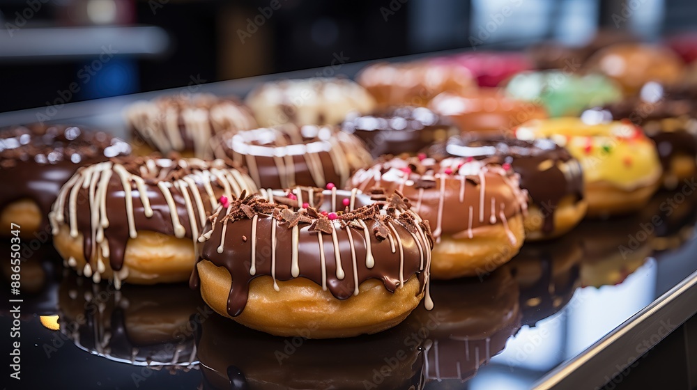 Gourmet Donuts on Display in Bakery Shop 
