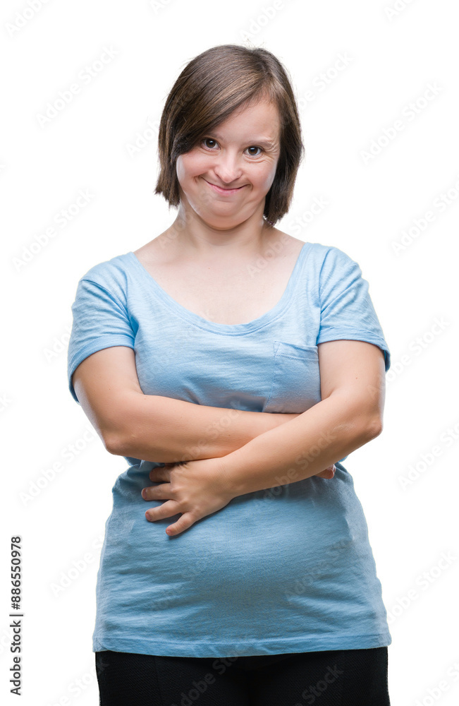 Young adult woman with down syndrome over isolated background happy face smiling with crossed arms looking at the camera. Positive person. Young adult woman with down syndrome over isolated background happy face smiling with crossed arms looking at the camera. Positive person.