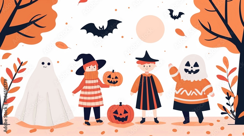 Obraz premium A lively Halloween festival with people in creative costumes, carved pumpkins, and decorative lights, capturing the festive October atmosphere, flat design illustration
