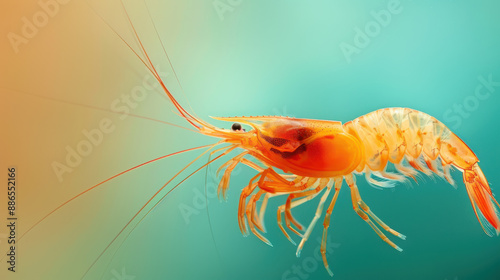 Close-up of a vibrant orange shrimp on a blue green background