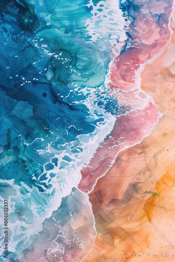 Fototapeta premium Aerial View Watercolor Ocean Beach Abstract Background