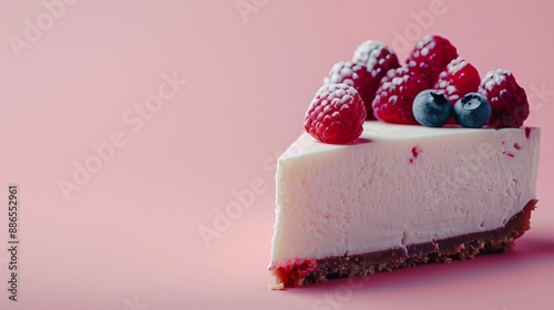 A slice of creamy cheesecake with a chocolate topping and berries on an isolated pastel background