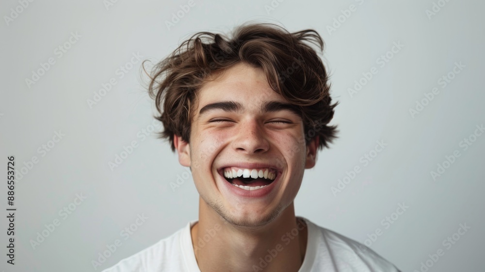 Fototapeta premium A professional portrait studio photo of a handsome young white american man model with perfect clean teeth laughing and smiling.&nbsp;isolated on white background&nbsp;for ads and web design