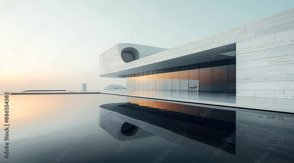 Minimal, striking modern architecture, water reflection.clean lines, geometric composition. Generative AI. Minimal, striking modern architecture, water reflection.clean lines, geometric composition. Generative AI.