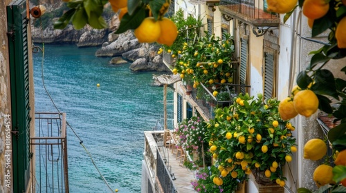 Idyllic Coastal Town with Vibrant Lemon Trees Overlooking Serene Sea