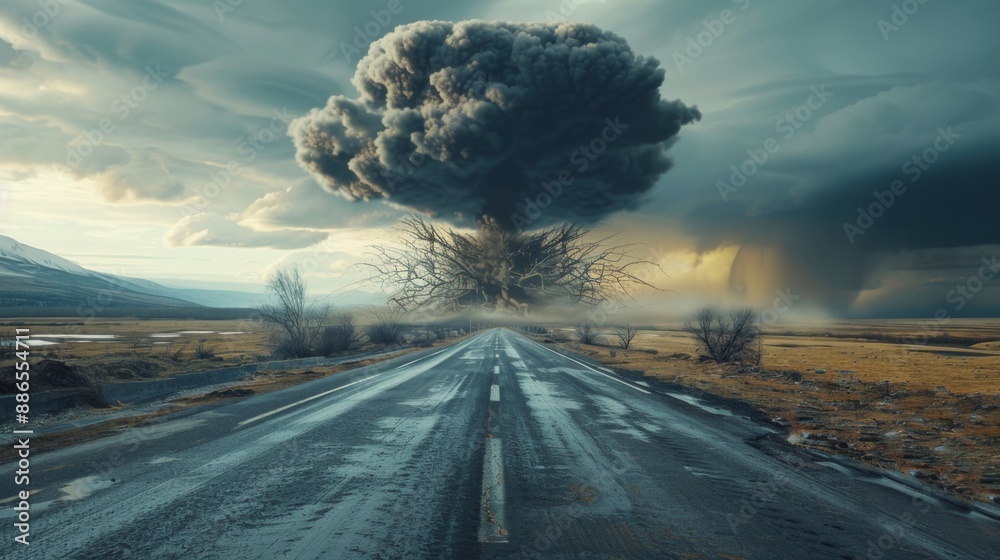 Radioactive Bomp Asphalt road goes to a nuclear explosion. Terrible atomic explosion of ...