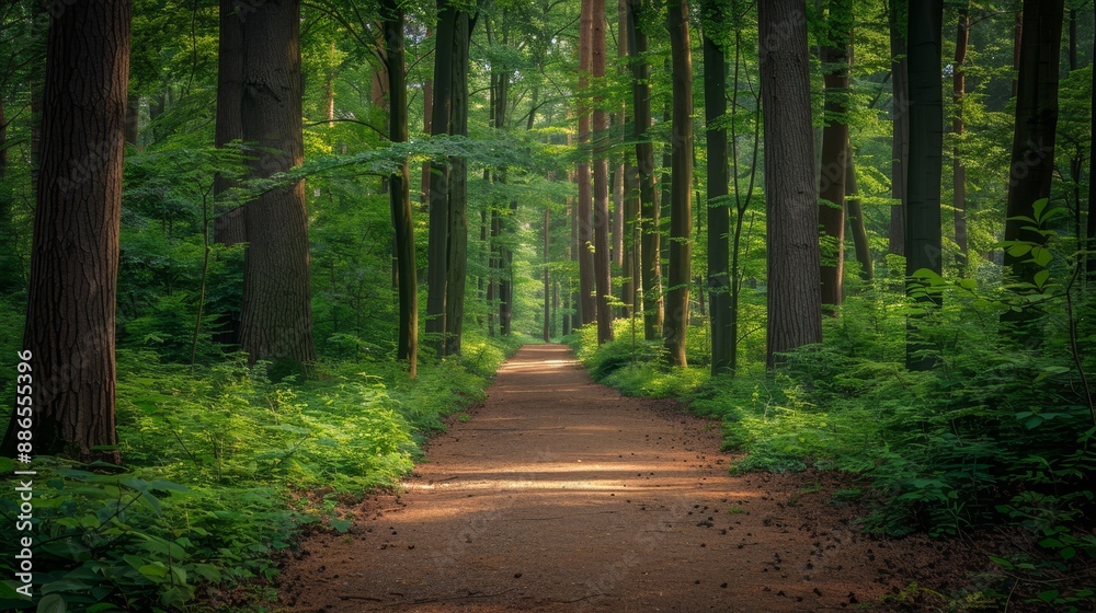 Fototapeta premium A walk in a spring beech forest near Leuven, Belgium. A beautiful natural tunnel. Atmospheric landscape, ecotourism, travel destinations, environmental conservation.