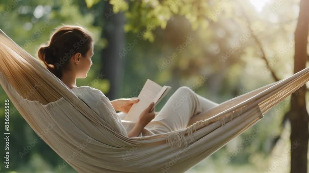 A young woman relaxes in a hammock while reading a book on a sunny summer afternoon.