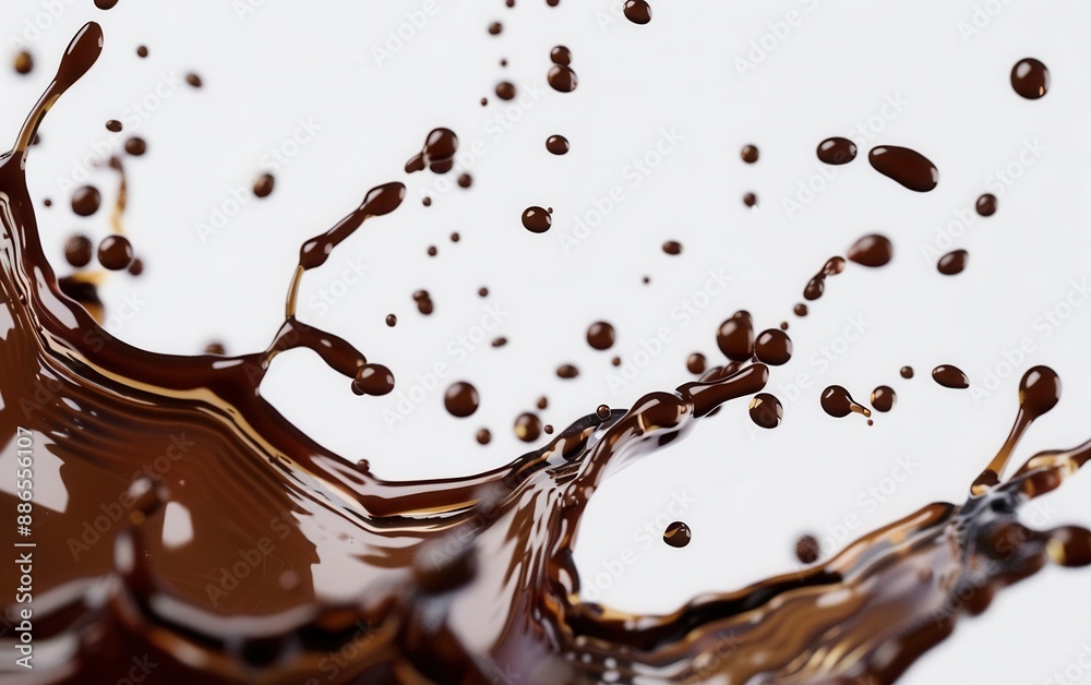 Coffee splash, high-speed capture, white background, rich brown tones, droplets suspended in mid-air, sharp detail, dramatic lighting Coffee splash, high-speed capture, white background, rich brown tones, droplets suspended in mid-air, sharp detail, dramatic lighting