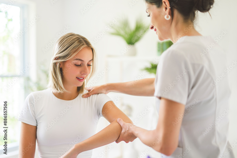 Fototapeta premium physiotherapist and client treatment for rehabilitation consultation, mobility or injury.