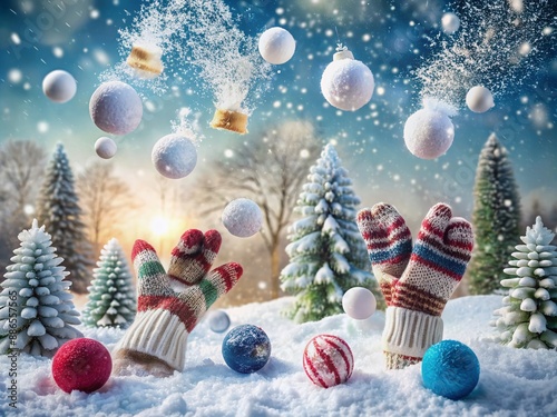 Snowflakes gently fall on a winter wonderland scene with scattered snowballs, mittens, and scarves, hinting at a joyful snowball fight on a cold winter morning. photo