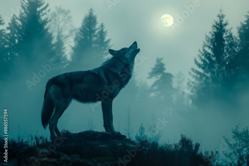 Wolf Howling in Misty Moonlit Forest