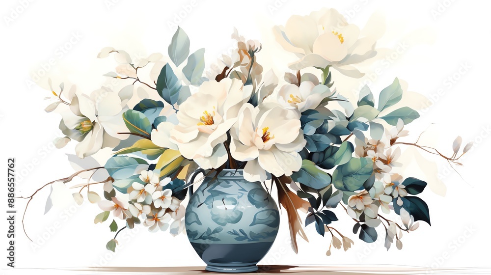 Watercolor painting of white flowers in a blue vase Watercolor painting of white flowers in a blue vase