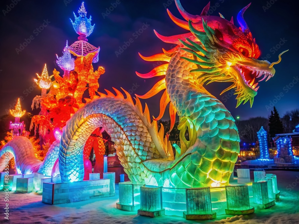 Obraz premium Vibrant dragon ice sculpture shines brightly amidst winter festival decorations, its intricate scales and fiery breath carved from crystal clear ice, symbolizing festive seasonal magic.