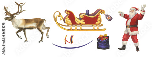 Watercolor New Year set with Santa Claus, sleigh and reindeer