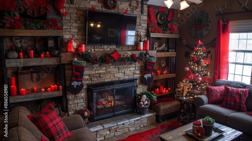 Chic christmas winter decorations in cozy living room for festive holiday celebrations