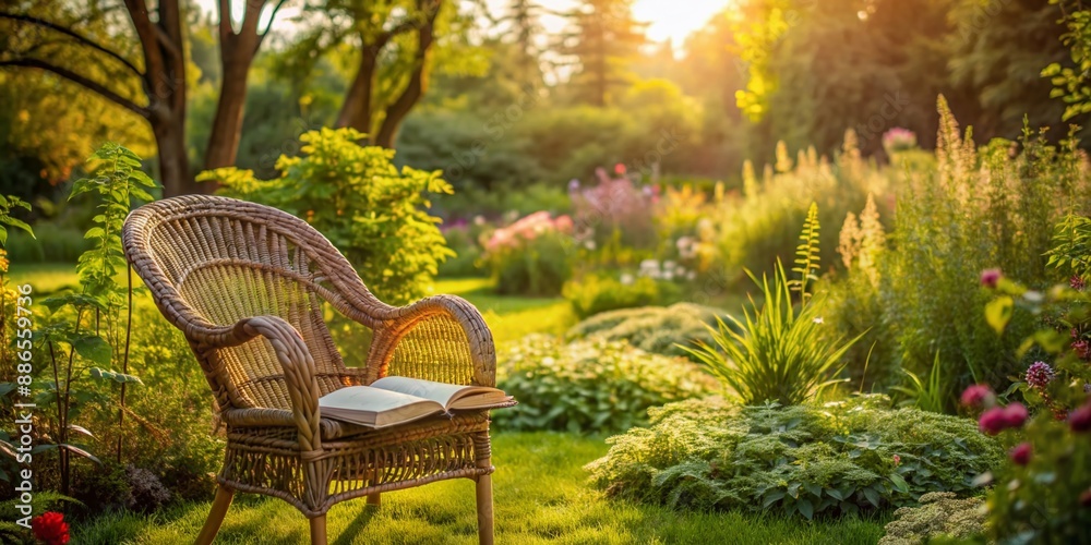 Serene garden setting with empty wicker chair, open book on lap, and surrounding lush greenery, evoking a sense of peaceful summer afternoon relaxation. Serene garden setting with empty wicker chair, open book on lap, and surrounding lush greenery, evoking a sense of peaceful summer afternoon relaxation.