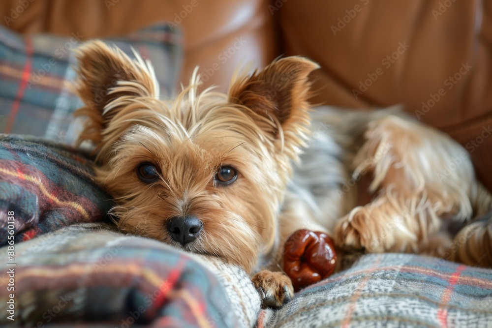 Yorkshire Terrier Relaxing on Plaid Blanket Yorkshire Terrier Relaxing on Plaid Blanket