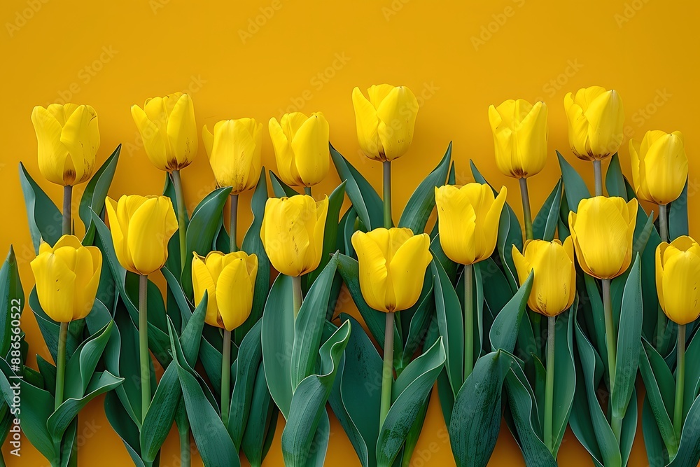 Obraz premium Vibrant Yellow Tulips in Full Bloom Against Bright Yellow Background - Perfect for Spring Decor, Greeting Cards, and Floral Design Projects