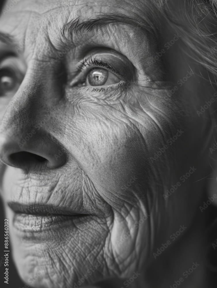 Older woman with deep wrinkles on her face in a black and white photo Older woman with deep wrinkles on her face in a black and white photo