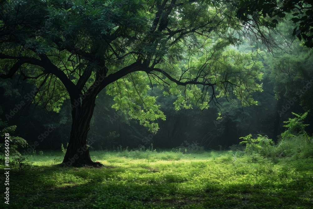 Lush Forest with Majestic Tree in Sunlight Lush Forest with Majestic Tree in Sunlight