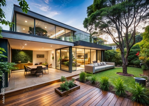 Modern home renovation featuring sleek extension with expansive deck, patio, and courtyard, blending seamlessly into lush greenery, showcasing perfect blend of indoor-outdoor living. © Man888