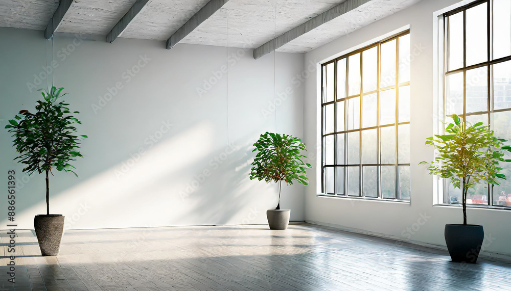 Blank wall in bright office mockup with large windows and sun passing through 3D rendering Blank wall in bright office mockup with large windows and sun passing through 3D rendering
