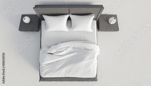 Blank white bed mock up, top view isolated, 3d rendering. Empty blanket and pillows mockup in bedstead. Doss with mattress and bedsheet in place for sleep template. Bedclothes with pilows and duvet photo