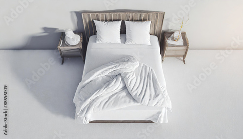 Blank white bed mock up, top view isolated, 3d rendering. Empty blanket and pillows mockup in bedstead. Doss with mattress and bedsheet in place for sleep template. Bedclothes with pilows and duvet photo