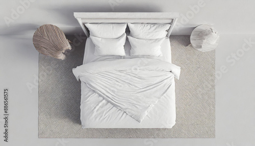 Blank white bed mock up, top view isolated, 3d rendering. Empty blanket and pillows mockup in bedstead. Doss with mattress and bedsheet in place for sleep template. Bedclothes with pilows and duvet photo