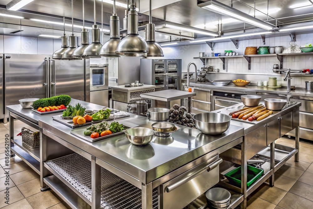 Commercial kitchen setup for culinary workshop, stainless steel countertops, utensils, and appliances ready for food preparation, with ingredients and equipment organized neatly. Commercial kitchen setup for culinary workshop, stainless steel countertops, utensils, and appliances ready for food preparation, with ingredients and equipment organized neatly.
