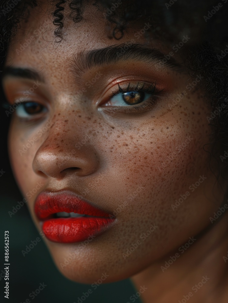 Close-up shot of a woman's face showing off her freckles, suitable for use in editorial or commercial contexts Close-up shot of a woman's face showing off her freckles, suitable for use in editorial or commercial contexts