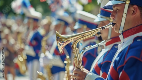 Marching band performing in a Labor Day parade with minimalist background photo