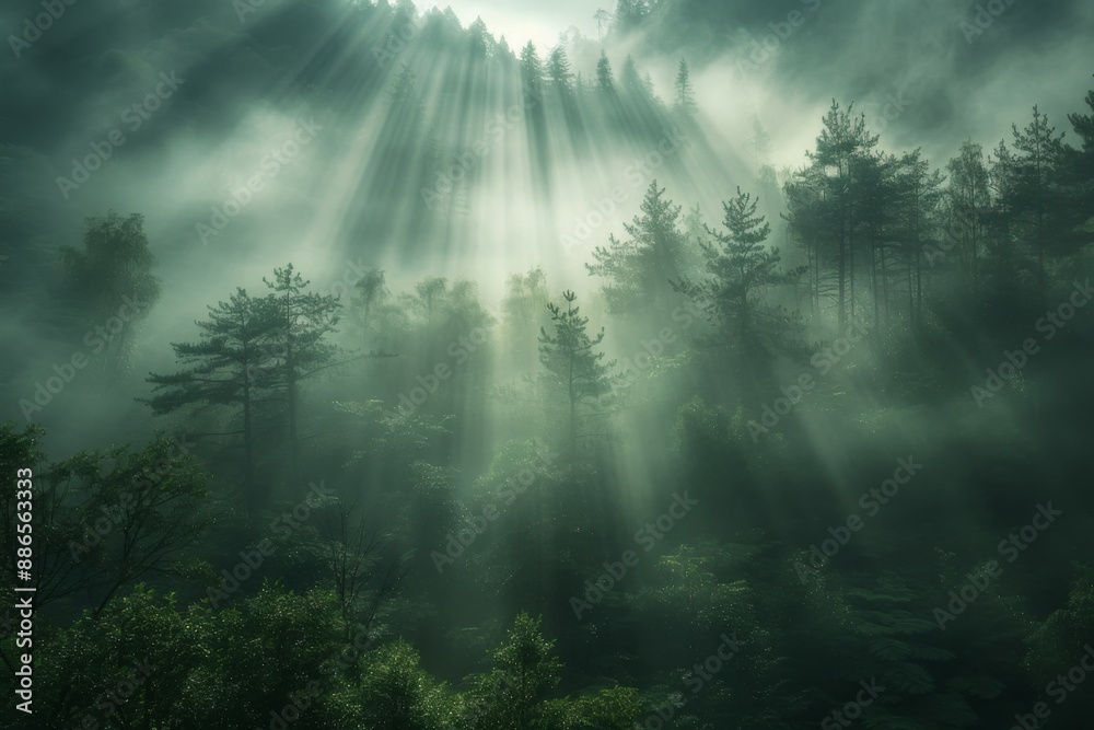 Sunbeams through misty forest Sunbeams through misty forest