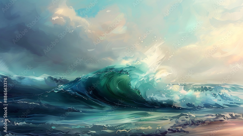 A monumental wave of deep navy and jade green, framed by a sky streaked with pastel hues, crashes gently onto a peaceful shore. A monumental wave of deep navy and jade green, framed by a sky streaked with pastel hues, crashes gently onto a peaceful shore.