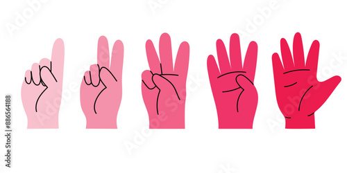 Set with hand gestures from one to five, in cute cartoon style in pink colors. hand drawn vector illustration, isolated on white
